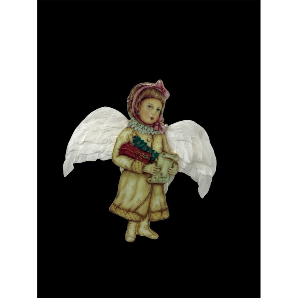 Russ Berrie Victorian Tidings Porcelain Angel Ornament Handpainted Real Feathers